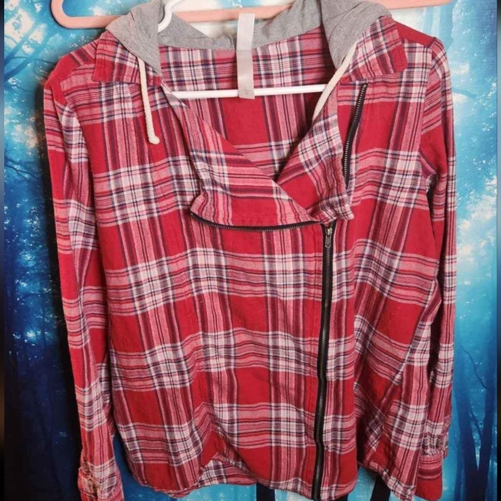 Y2k grunge red plaid zip up shirt with hoodie